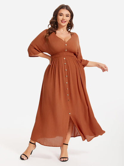 V-Neck Batwing Sleeve Pocket Ruched Waist Maxi Dress