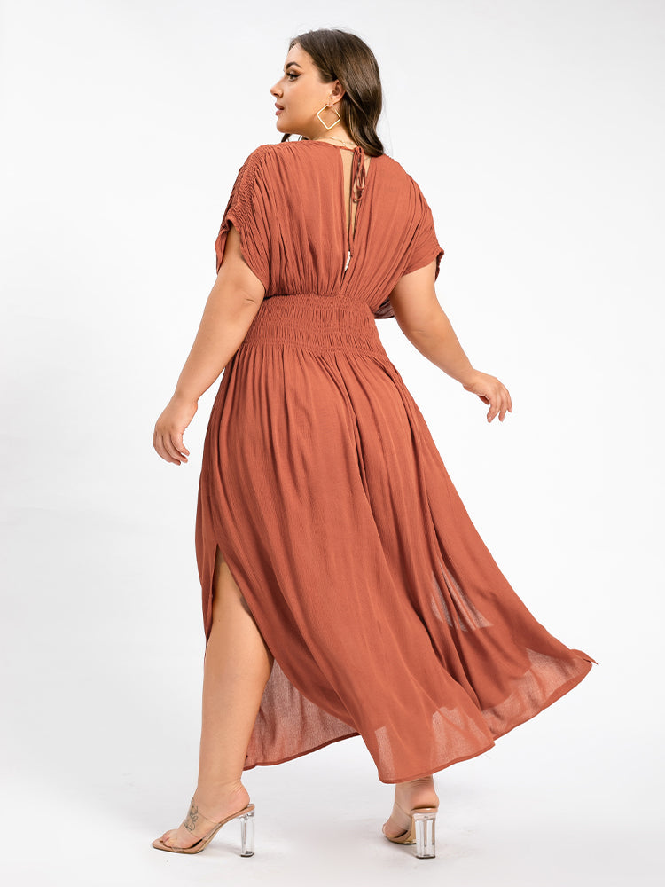 V-Neck Batwing Sleeve Pocket Ruched Waist Maxi Dress