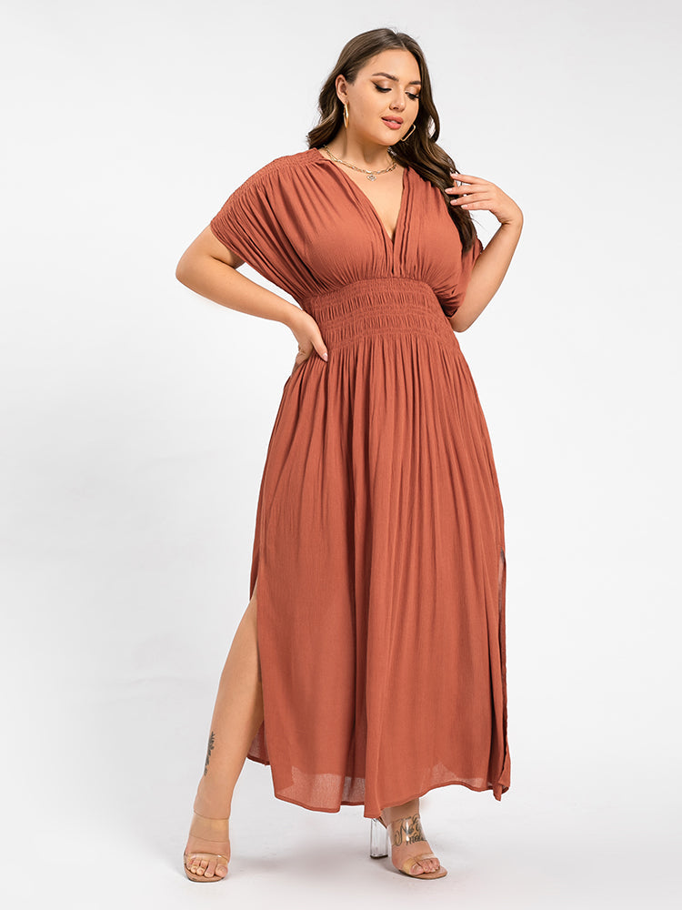 V-Neck Batwing Sleeve Pocket Ruched Waist Maxi Dress