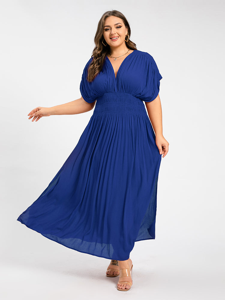 V-Neck Batwing Sleeve Pocket Ruched Waist Maxi Dress