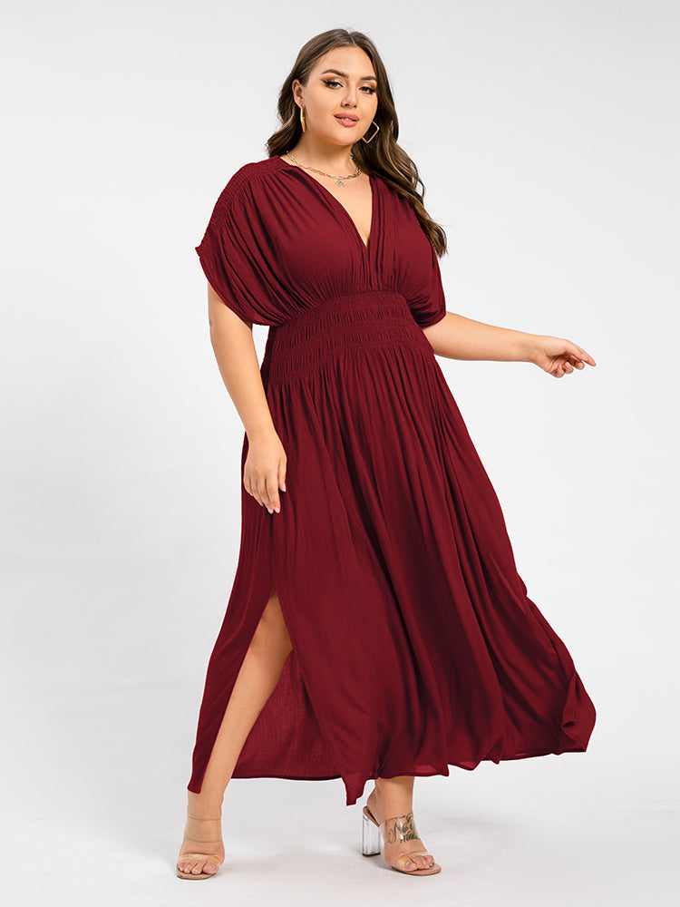 V-Neck Batwing Sleeve Pocket Ruched Waist Maxi Dress