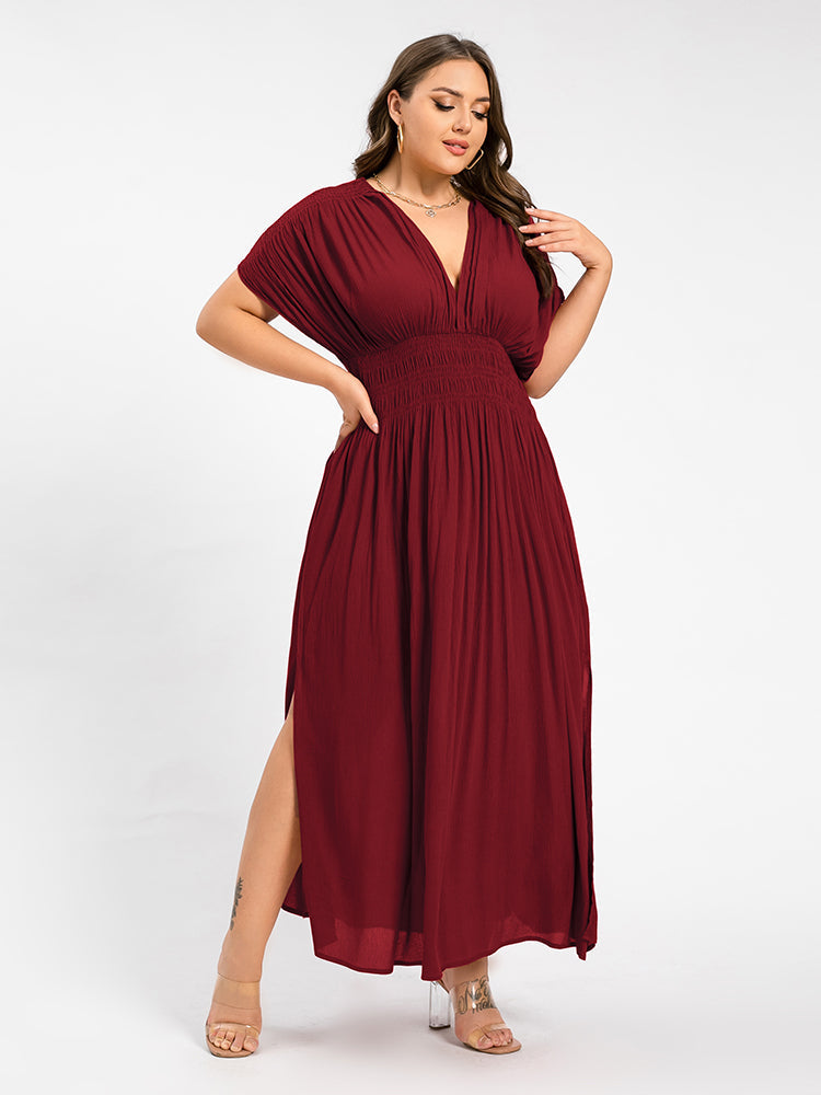 V-Neck Batwing Sleeve Pocket Ruched Waist Maxi Dress