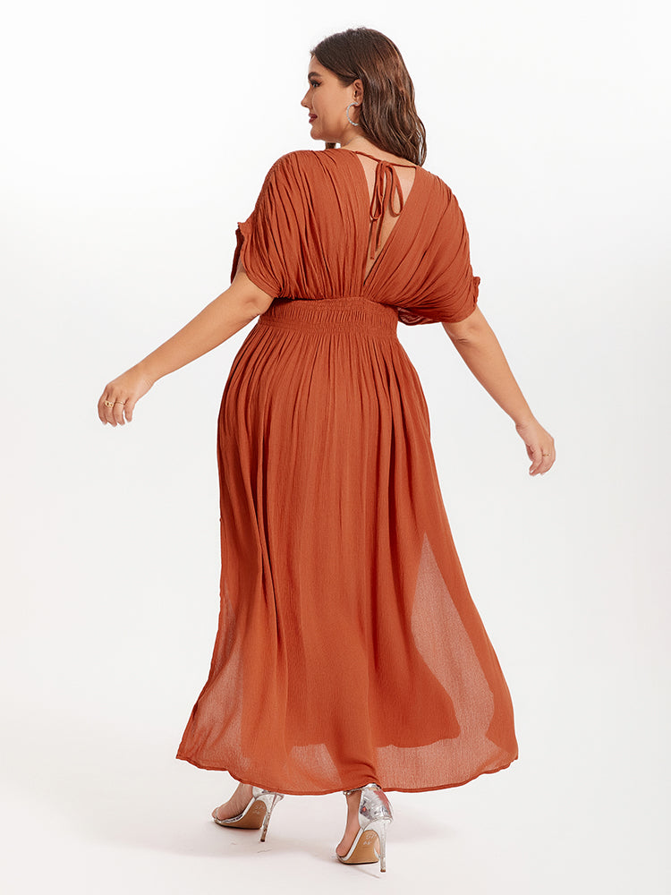 V-Neck Batwing Sleeve Pocket Ruched Waist Maxi Dress